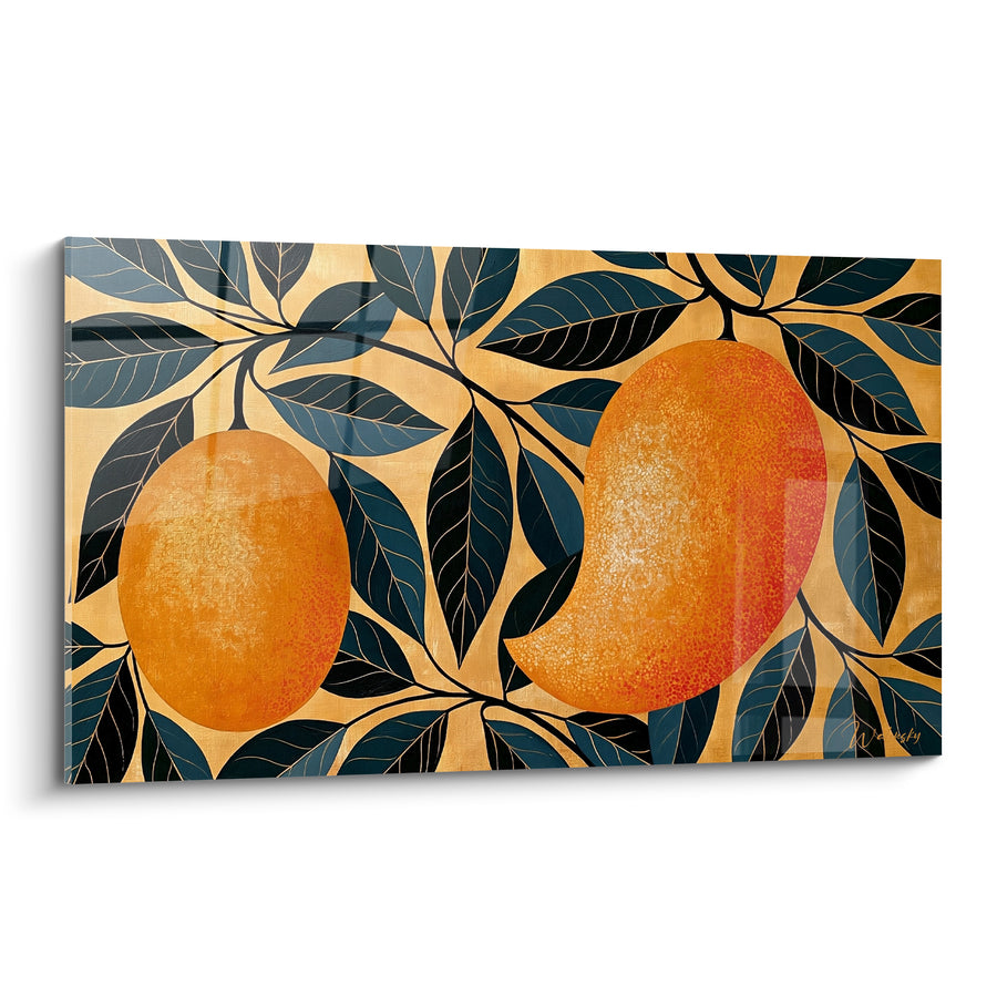 Tableau Mangues entières orange et noir sur fond doré - Feuillage stylisé nervuré - Edition Mangue