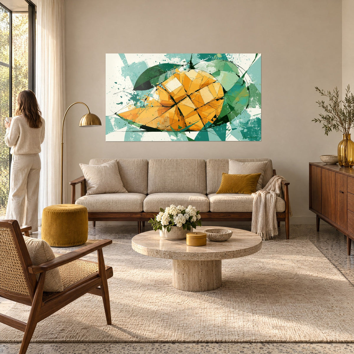 Tableau mangue découpée en facettes orange et crème, feuilles vert sapin, éclaboussures noires, au-dessus d'un canapé dans un salon lumineux