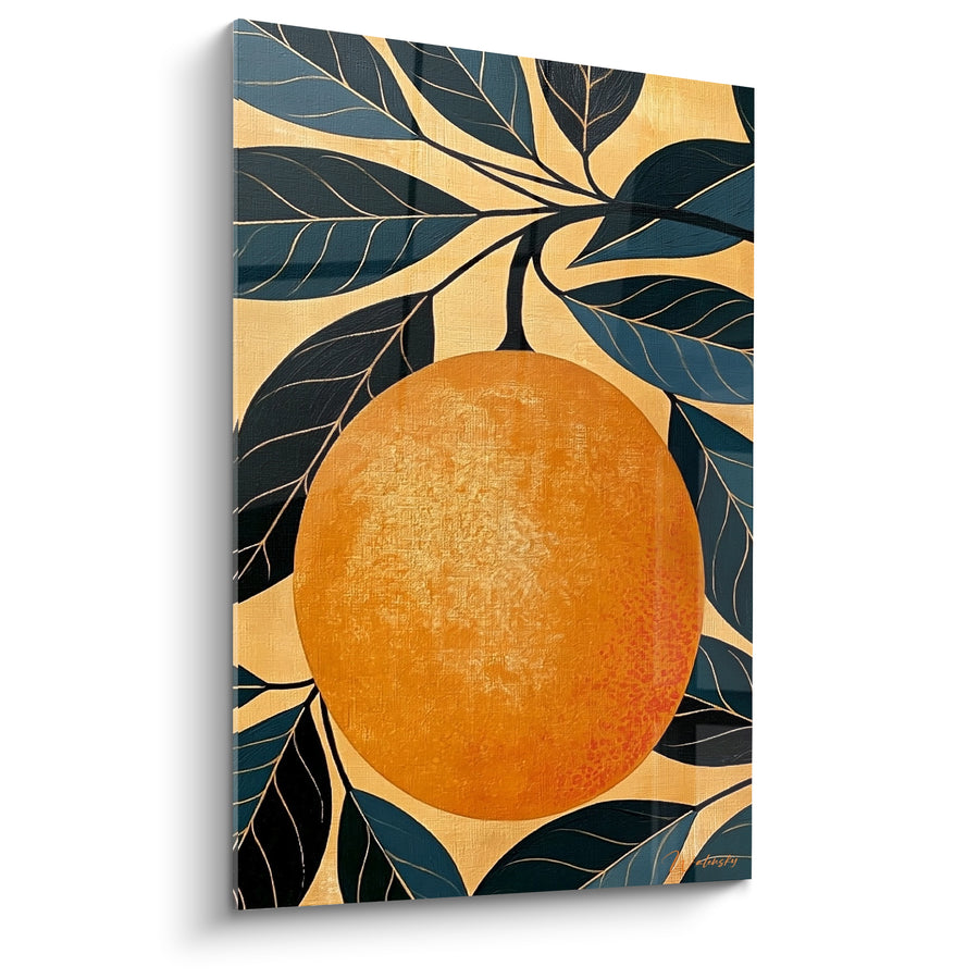 Tableau Mangue ronde orange et bleu pétrole entourée de feuillage stylisé - Fond crème texturé - Edition Mangue