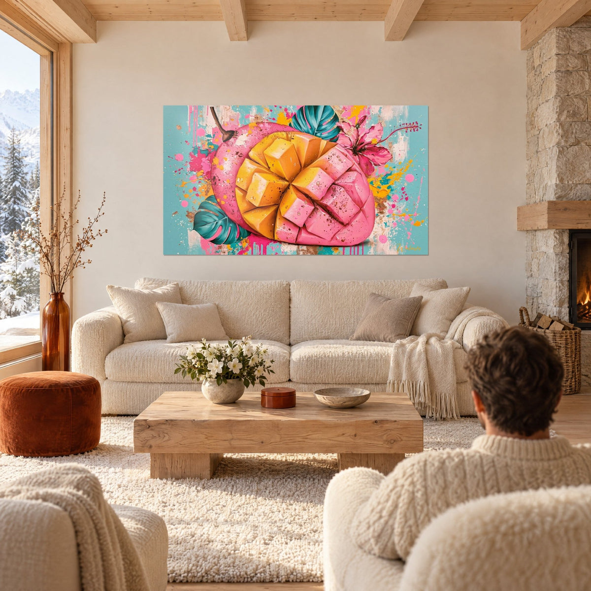 Quadro mango rosa e giallo a quadretti a ventaglio, ibisco e foglie turchesi, sopra un divano in un soggiorno luminoso