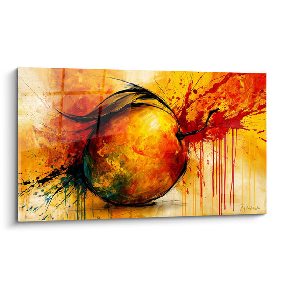 Tableau Mangue entière jaune et rouge éclaboussée d'encre - Coulures noires ruisselantes - Edition Mangue