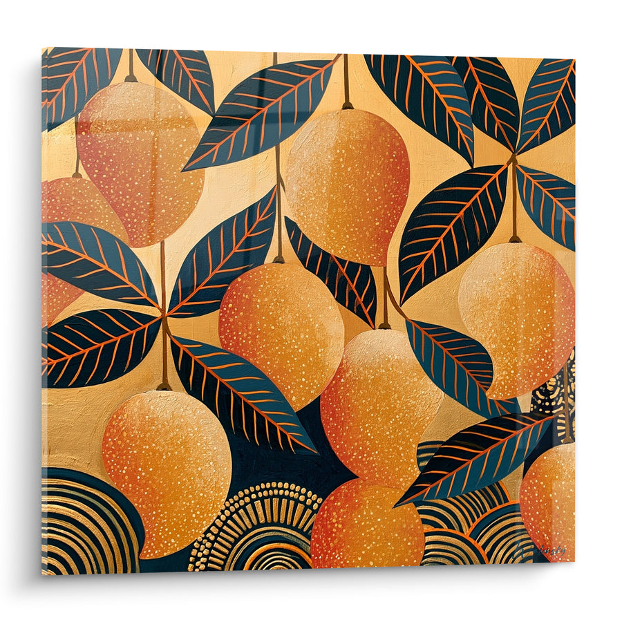 Tableau Mangues suspendues aux feuilles bleu pétrole - Récolte dorée - Edition Mangue