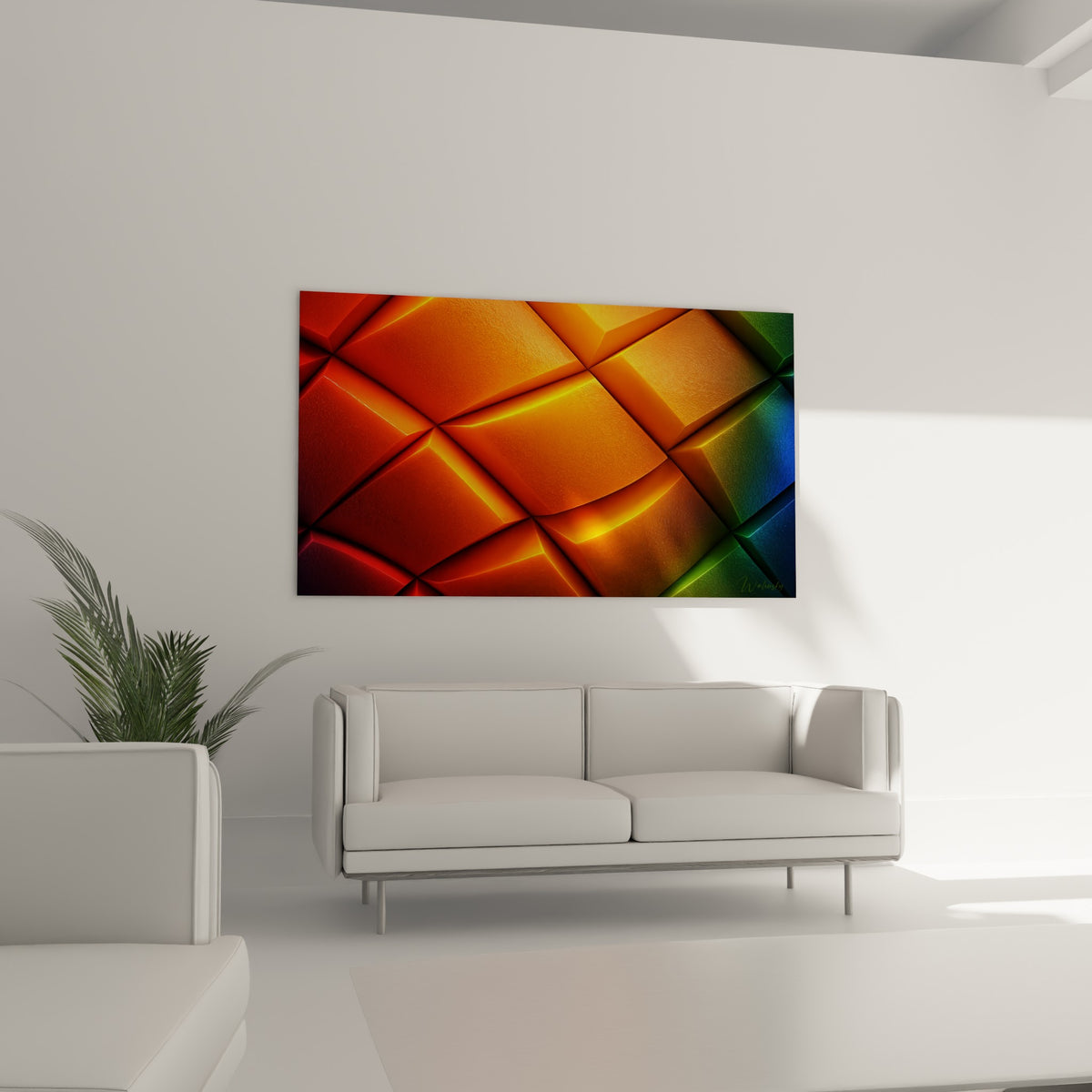 Reliefs géométriques terracotta et anthracite se déployant au-dessus d'un canapé dans un salon lumineux