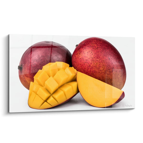 Tableau Mangues entières rouge et jaune quadrillées en dés - Fond blanc épuré - Edition Mangue