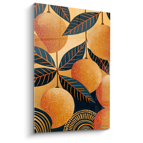 Tableau Mangues suspendues orange et bleu marine mouchetées - Motifs concentriques dorés - Edition Mangue