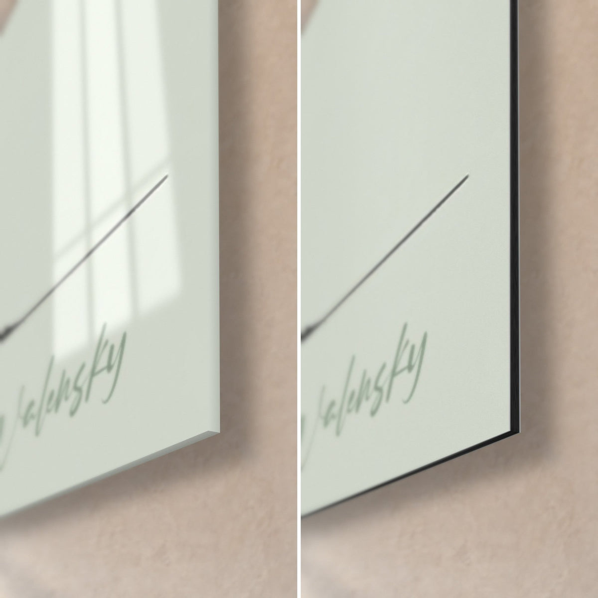 Tableau mangue ocre et orangée, coin bas droit : signature Walensky vert pâle, verre acrylique brillant et Dibond noir mat