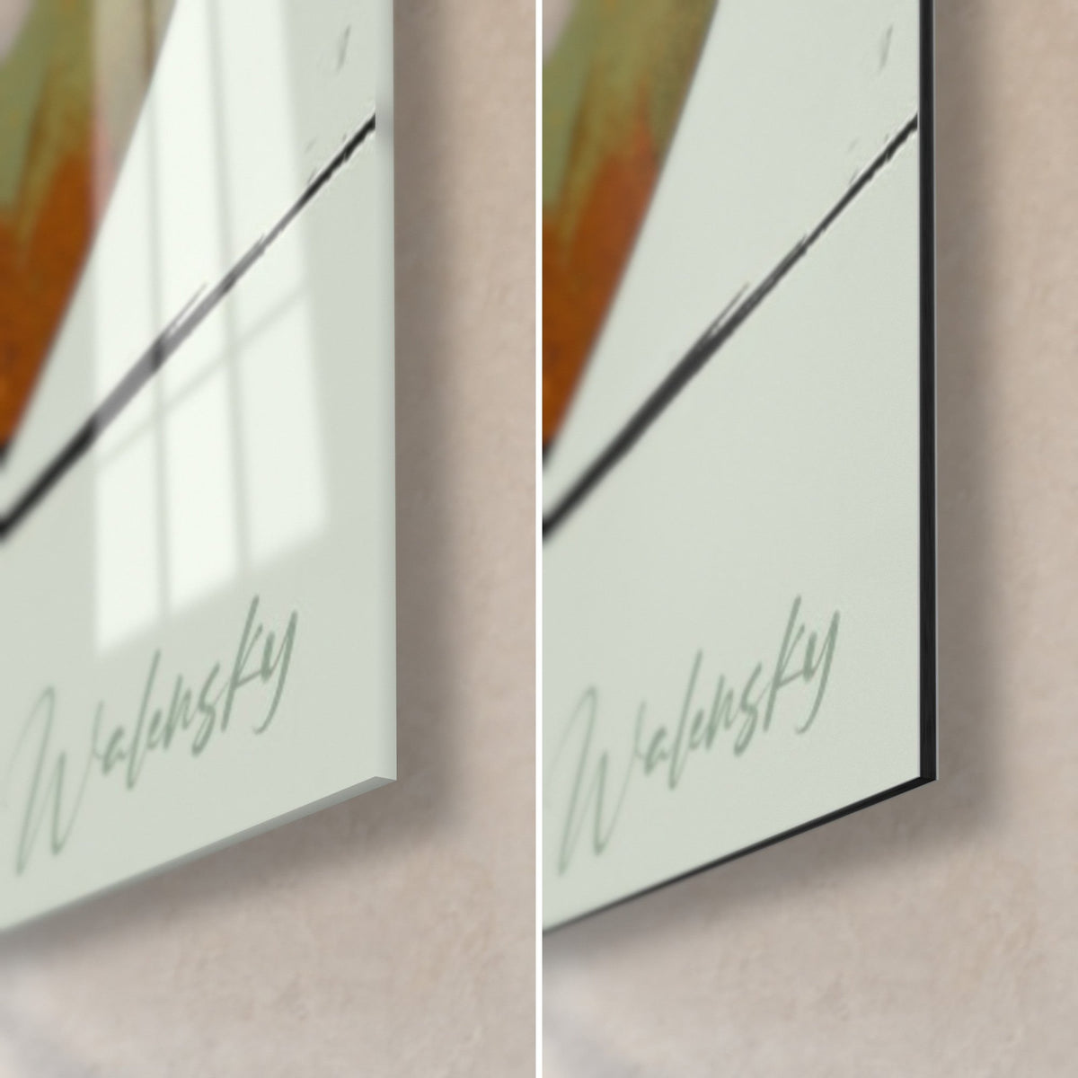 Tableau mangue en deux moitiés, coin bas droit : verre brillant à reflets, alu Dibond mat noir, signature vert sauge
