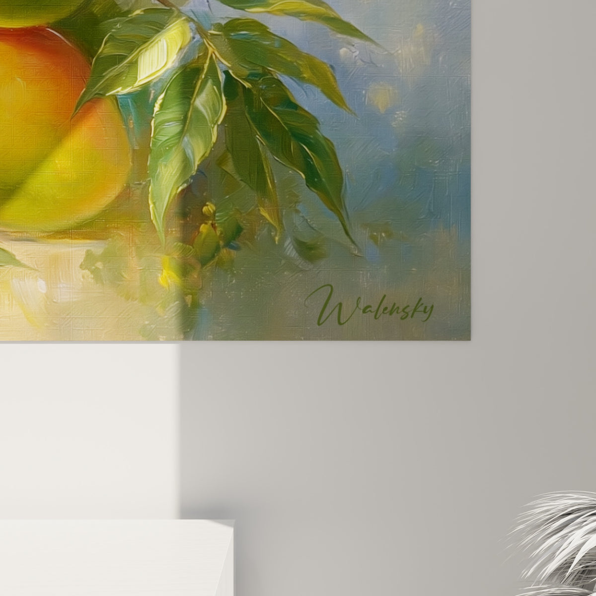 Empâtements orange et vert sur la peau des mangues, coulures de lumière et grain de la toile bleu pastel visibles