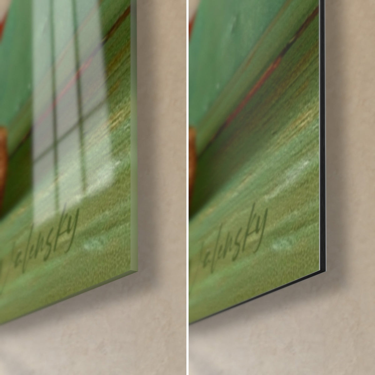 Gemälde Mango auf türkisgrünem Grund, untere rechte Ecke: glänzendes Acrylglas mit Reflexen, mattes Dibond-Aluminium, 3 mm Stärke