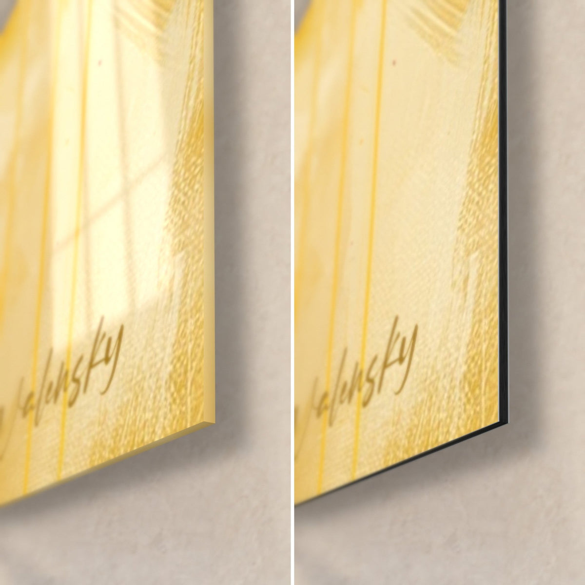 Wall art yellow and red mango, bottom right corner: glossy acrylic glass on the left, matte black Dibond aluminium on the right, 3 mm edge