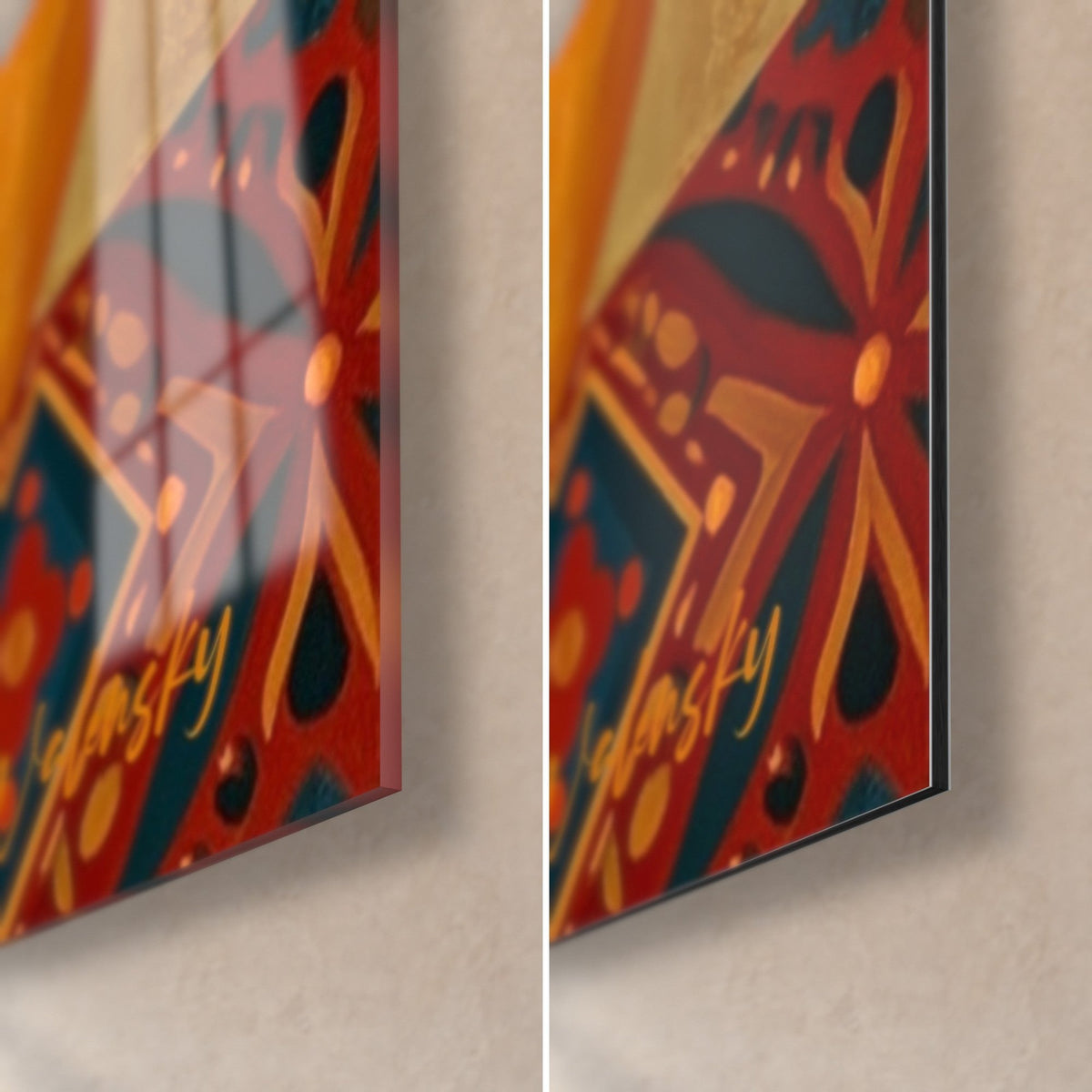 Wall art orange mangoes and petrol blue leaves, bottom right corner: glossy acrylic glass on the left, matte Dibond aluminium on the right