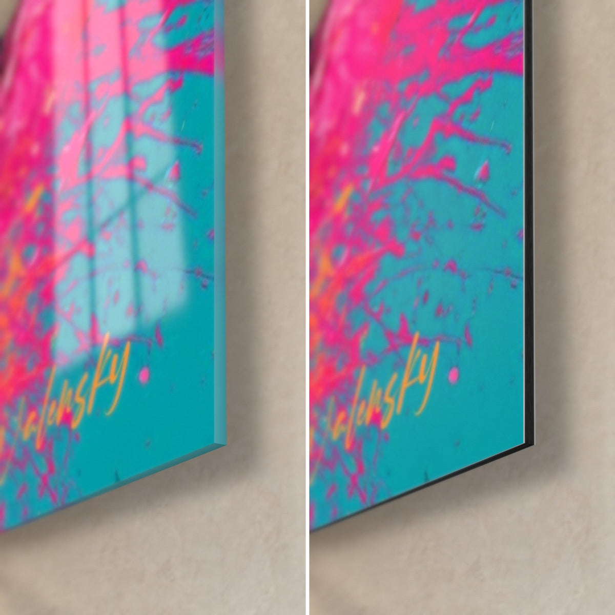 Tableau mangue en éclaboussures fuchsia et turquoise, coin bas droit, verre brillant à gauche, Dibond noir mat et tranche à droite
