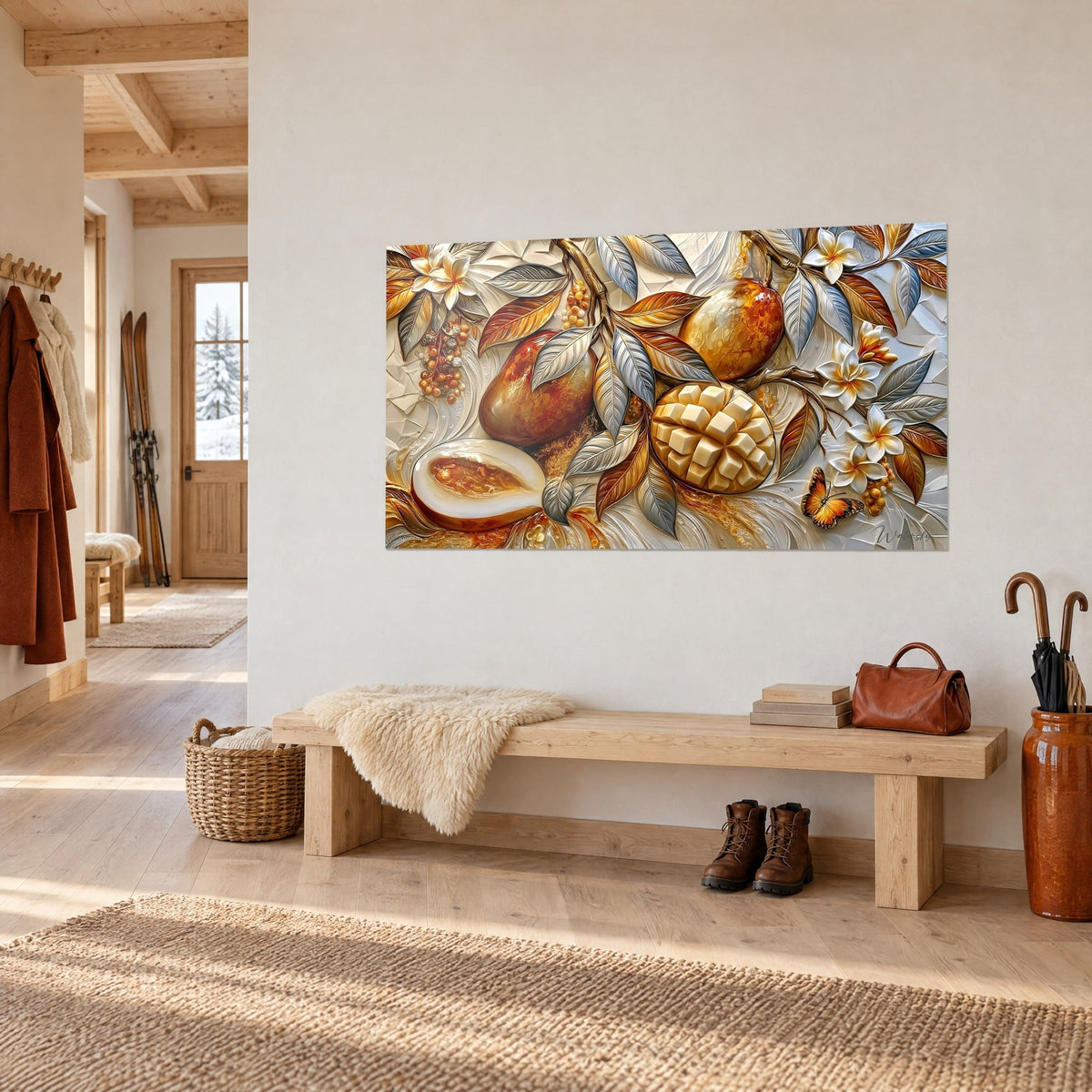 Tableau récolte de fruits tropicaux, mangue taillée en cubes crème, feuilles argent et orangé, sur un mur de chalet