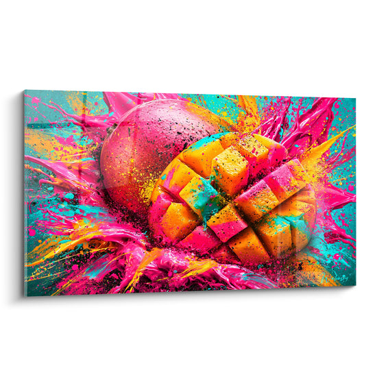 Tableau Mangue coupée en cubes rose fuchsia et turquoise éclaboussée - Explosion de peinture liquide - Edition Mangue