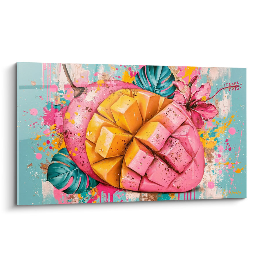 Tableau Mangue rose et jaune quadrillée en éventail - Hibiscus et feuilles monstera - Edition Mangue