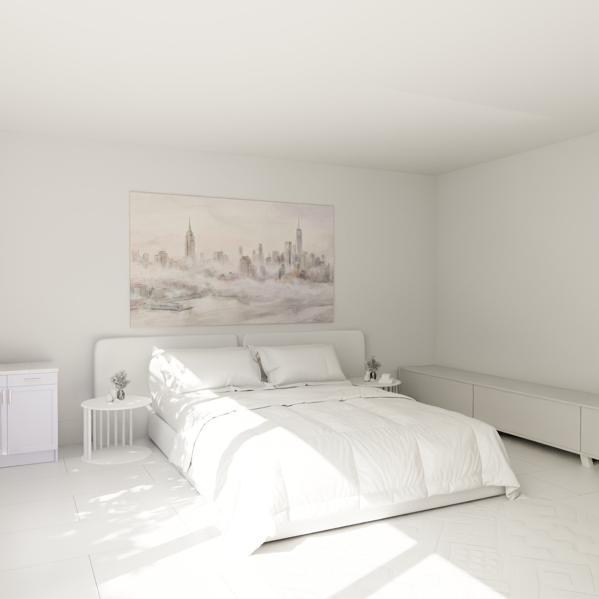 Tableau aquarelle Manhattan chambre mur rose poudrée décoration urbaine douce gratte-ciel brumeux