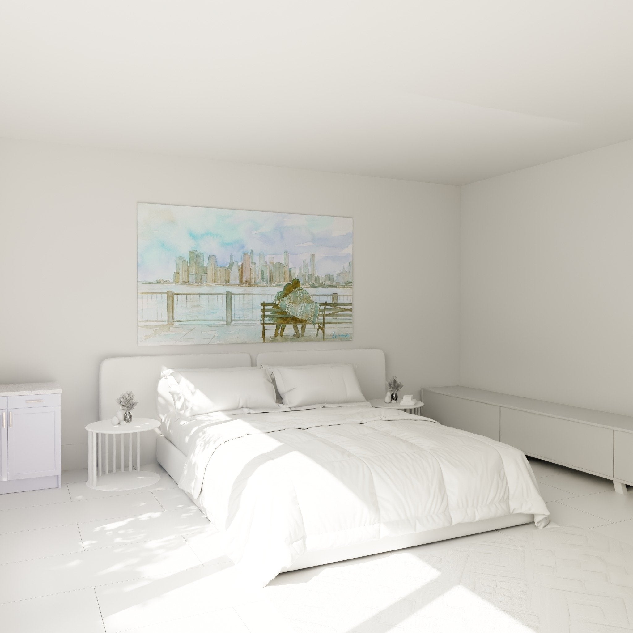 Tableau aquarelle Manhattan couple skyline dans chambre moderne, décoration murale romantique tons pastel
