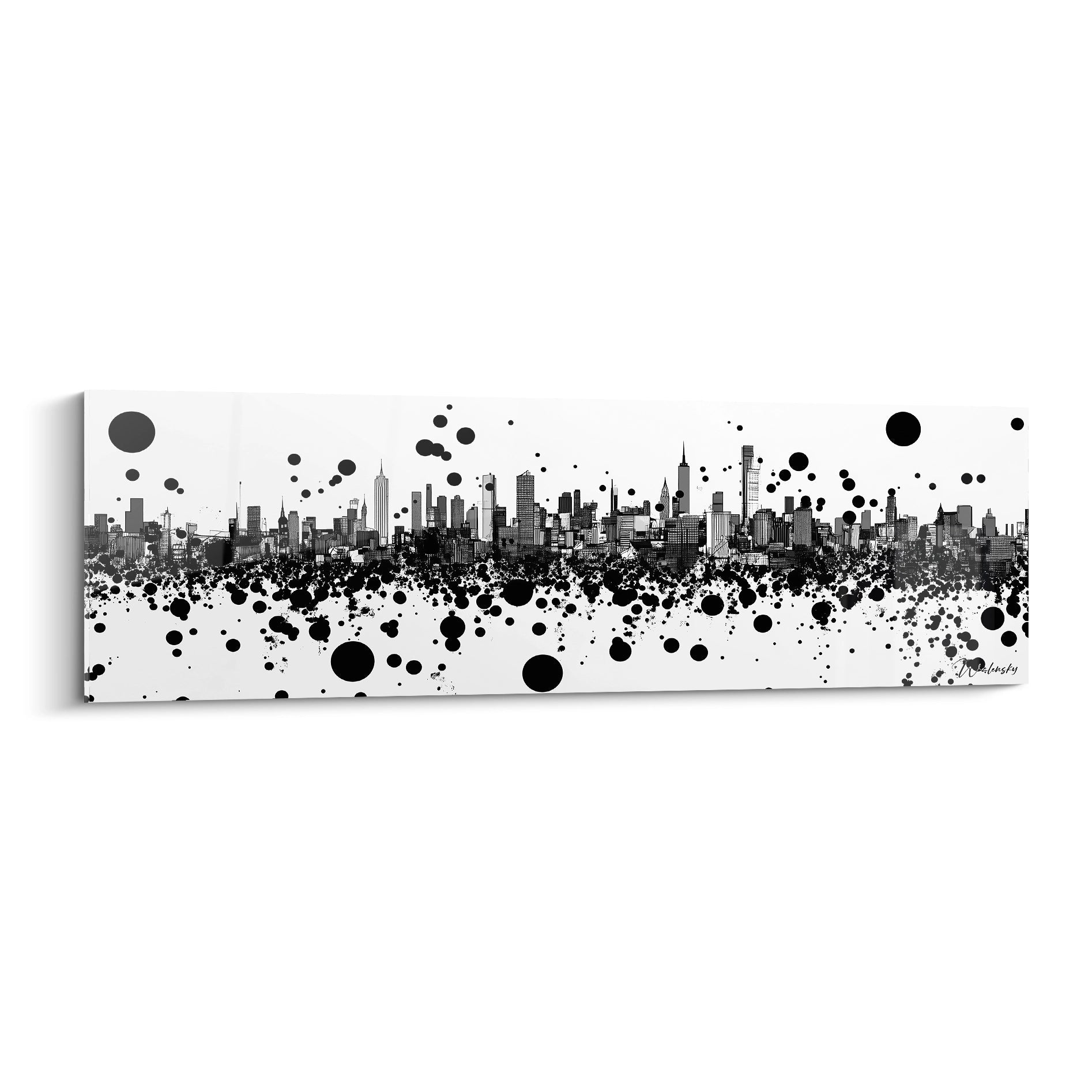 Tableau tacheté noir et blanc représentant une vue de la ville avec des éclaboussures artistiques