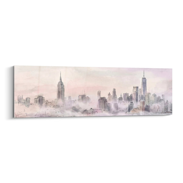 Cuadro Horizonte Urbano Brumoso en Tonos Rosados y Grisáceo - Silueta Vaporosa - Edición Manhattan