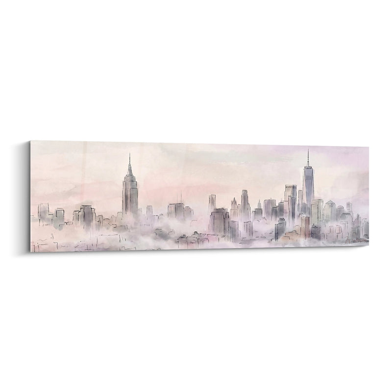Tableau Horizon Urbain Brumeux aux Tons Rosés et Grès - Silhouette Vaporeuse - Edition Manhattan