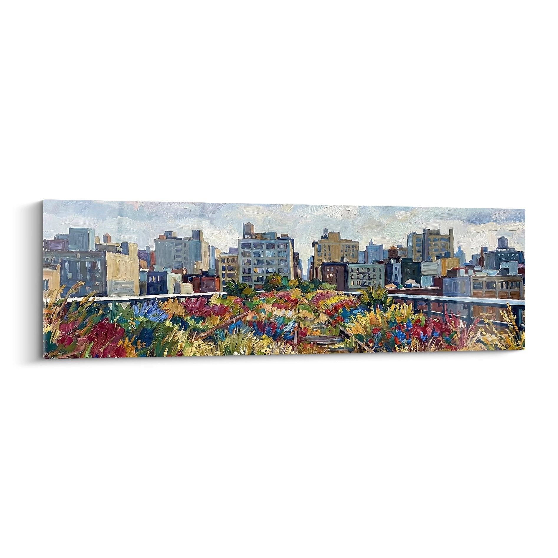 Tableau Manhattan paysage urbain avec vegetation coloree rouge orange au premier plan immeubles arriere-plan
