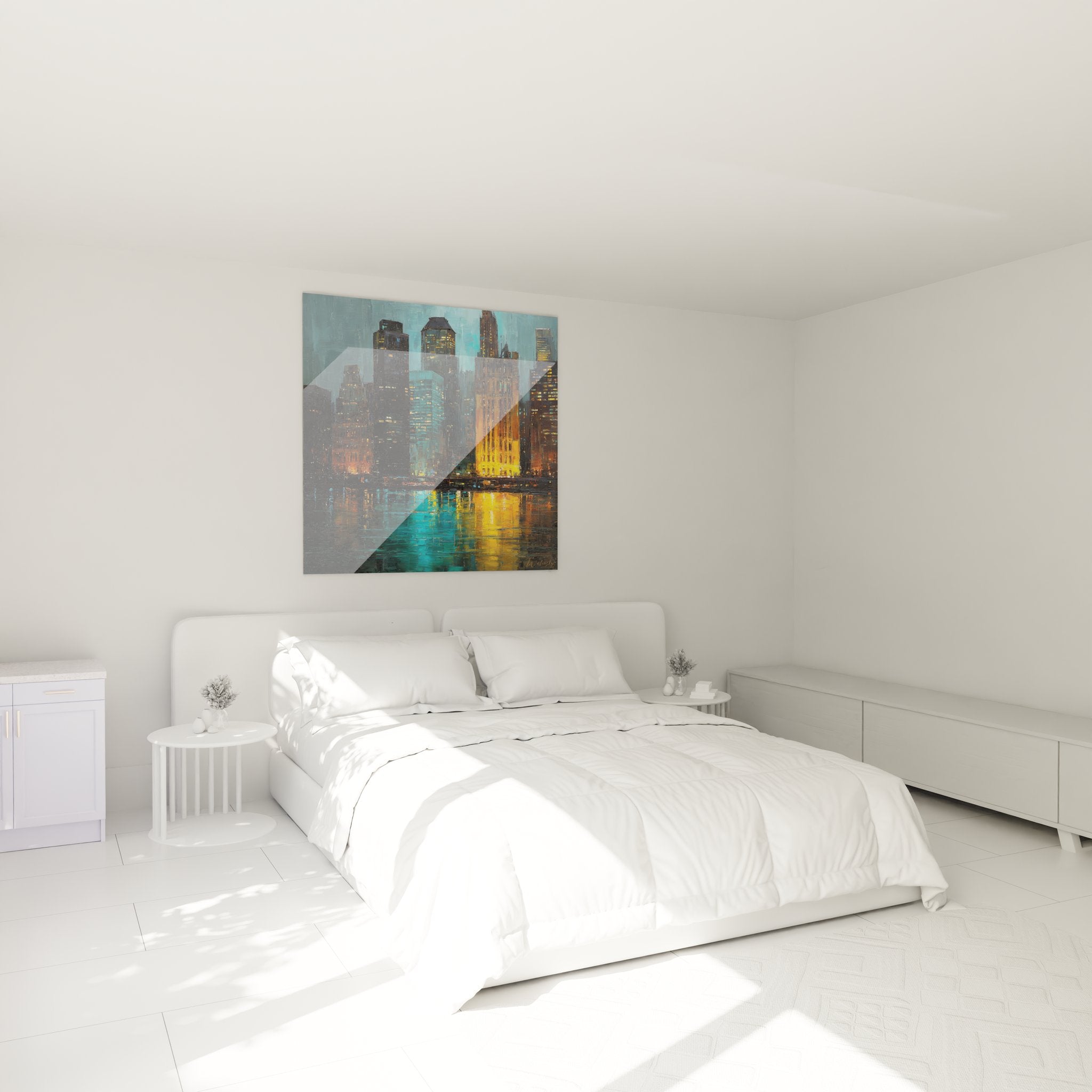 Tableau Manhattan reflets dans chambre moderne, ambiance nocturne urbaine pour décoration intérieure