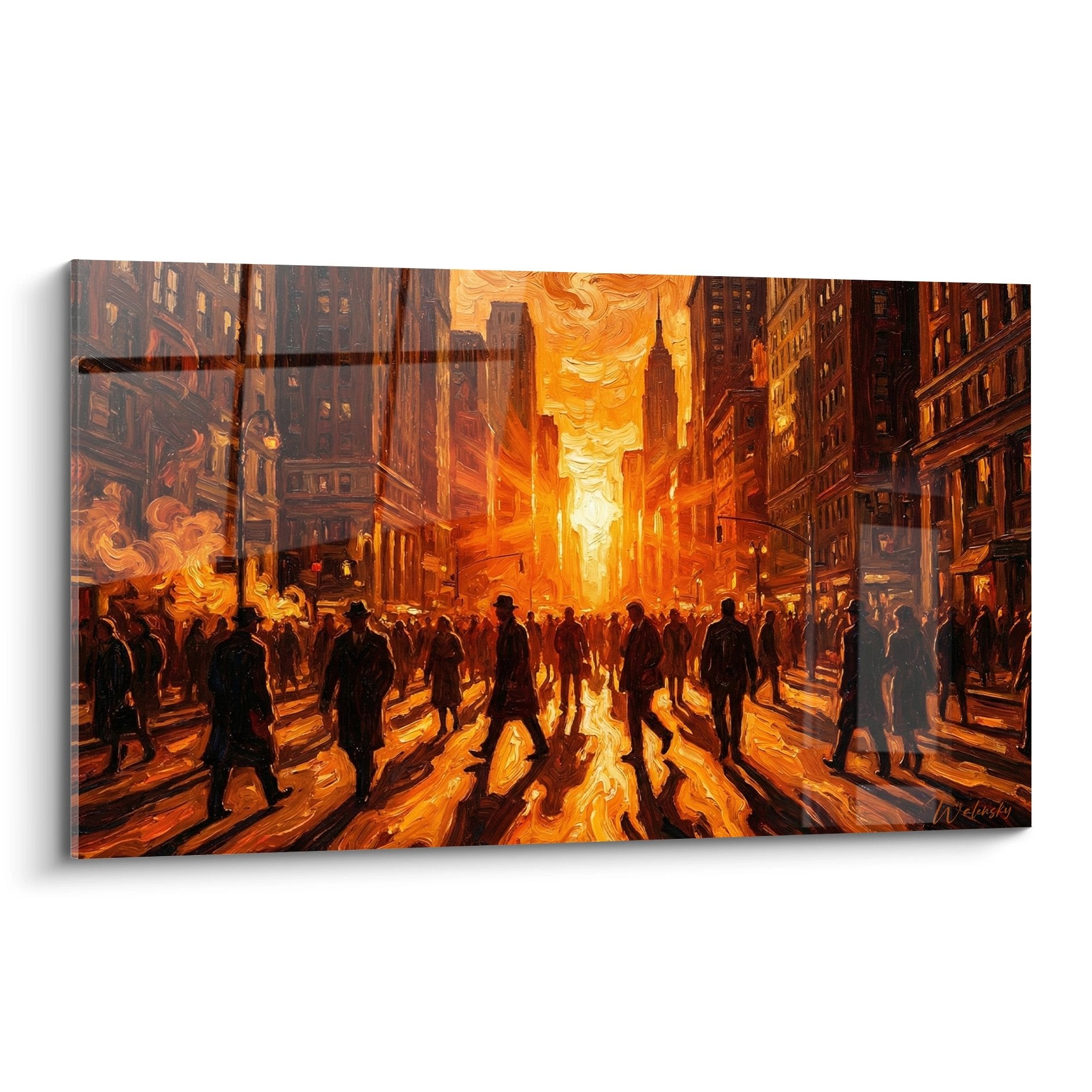 Tableau Manhattan rue urbaine tons dorés orangés silhouettes mouvement façades immeubles perspective lumineuse