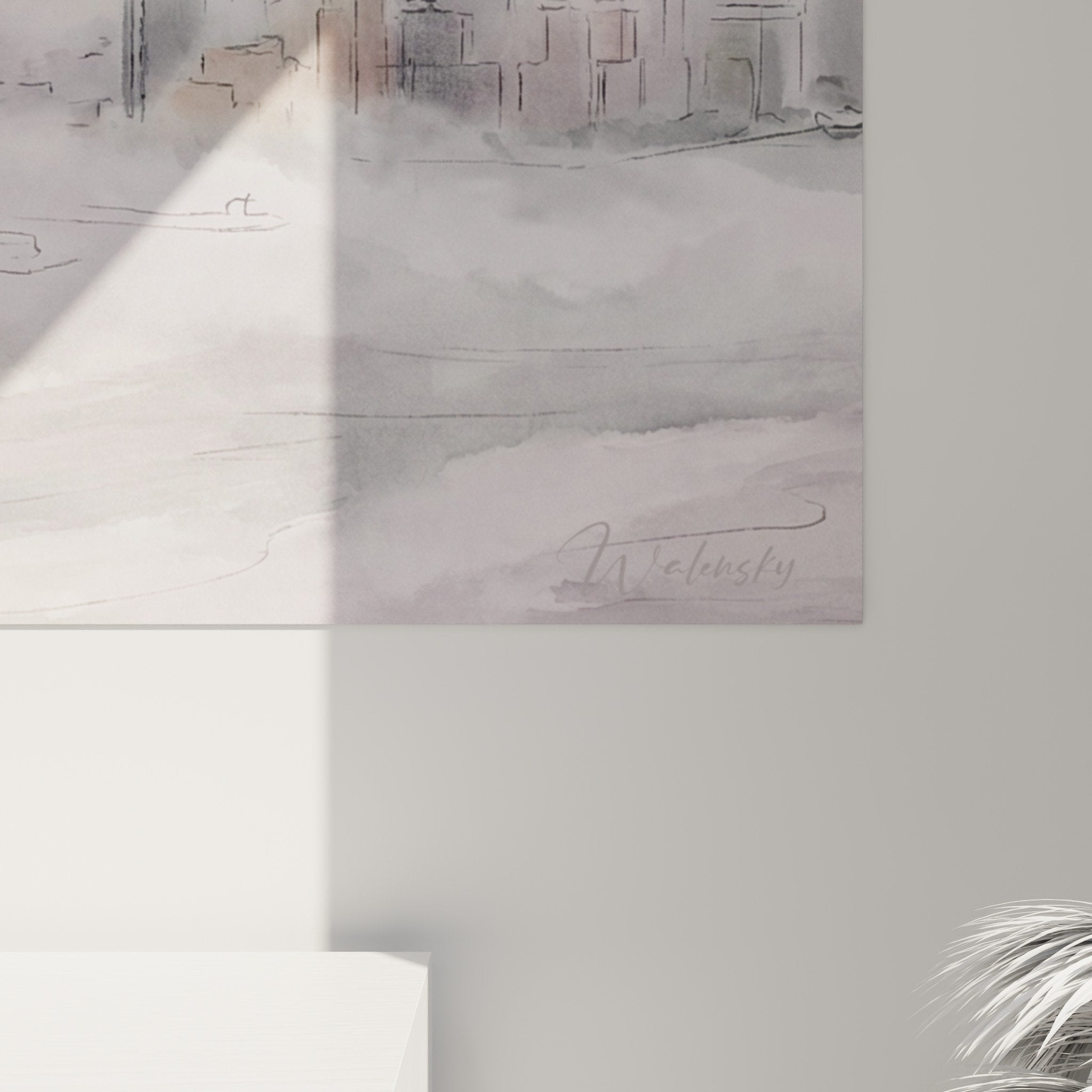 Vue ensemble tableau Manhattan aquarelle salon moderne mobilier contemporain décoration murale urbaine poétique