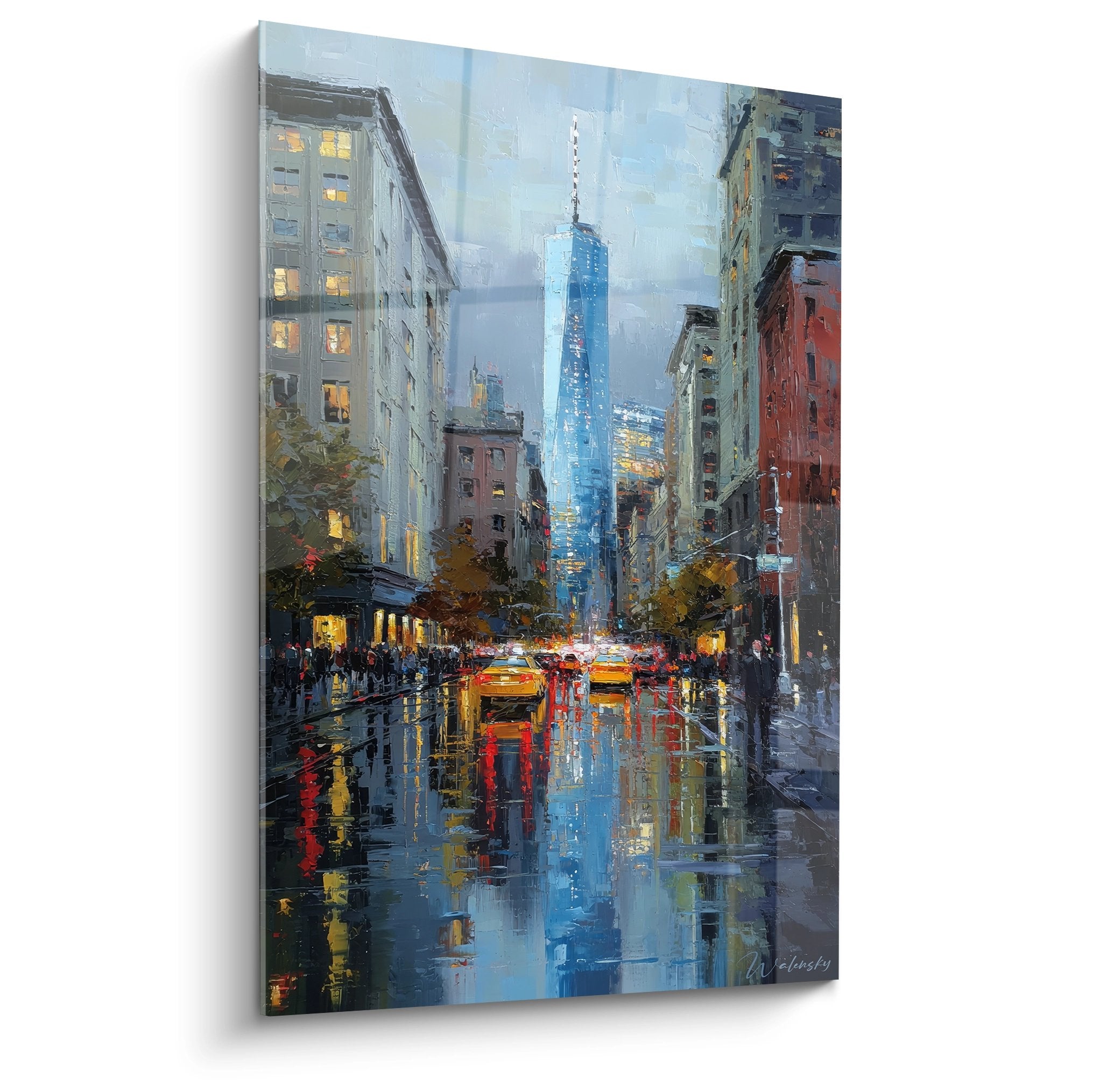 Tableau Manhattan sous la pluie avec reflets colorés, art urbain moderne new-yorkais