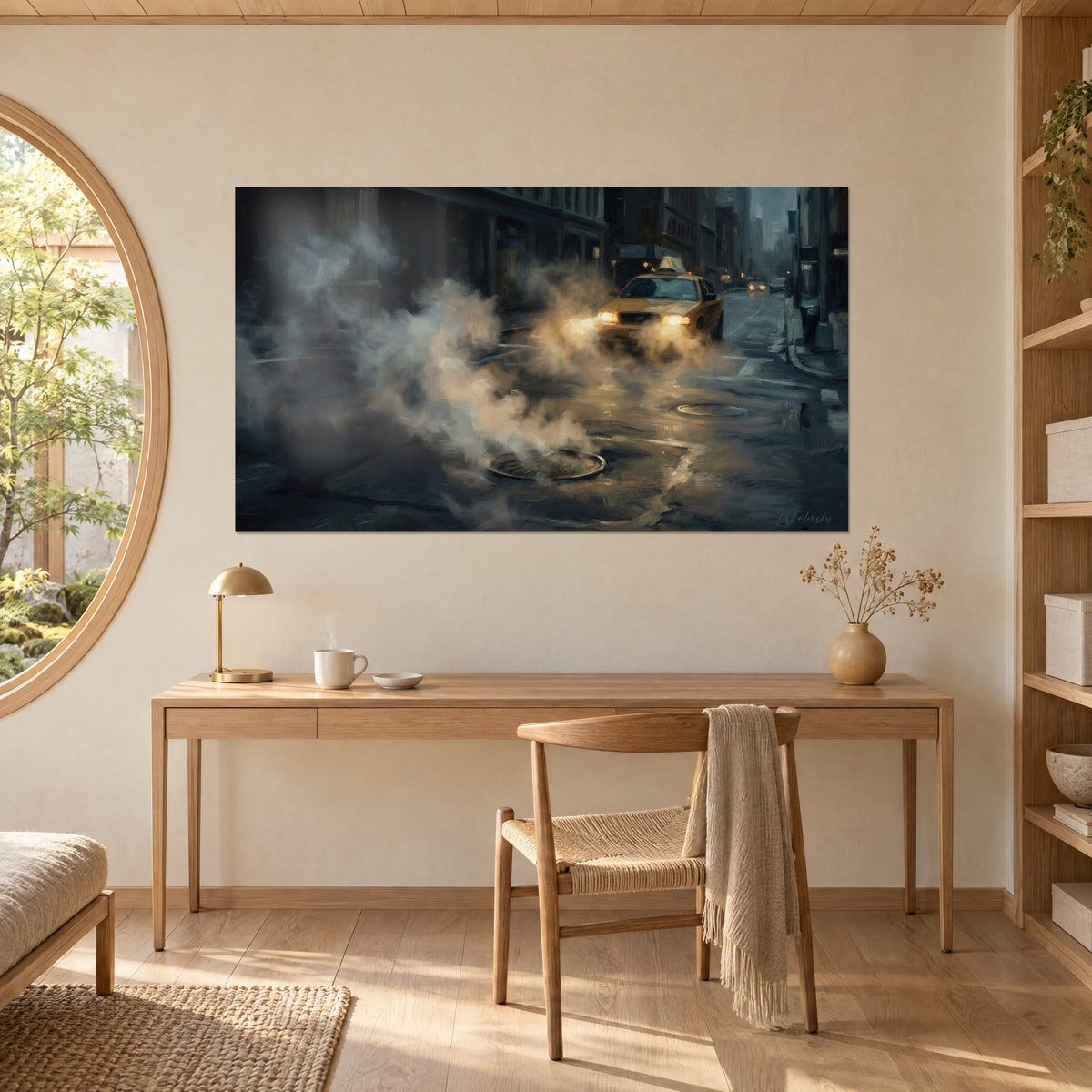 Schilderij nachtelijke straat in New York, grijze stoomwolken, amberkleurige schijnsels van koplampen en glanzende straatstenen, boven een bureau van licht hout