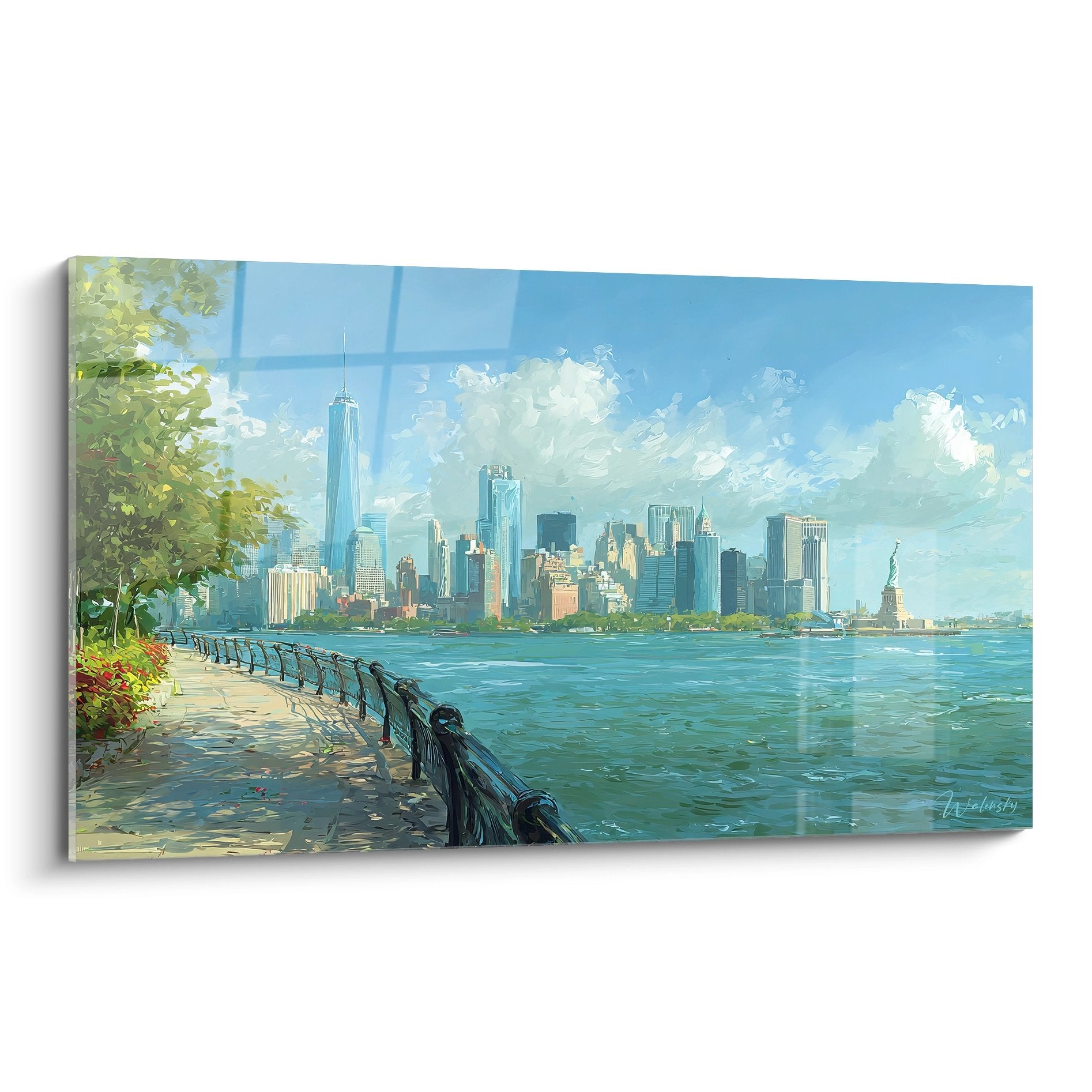 Tableau mural Manhattan vue depuis promenade avec skyline One World Trade Center et Statue Liberté