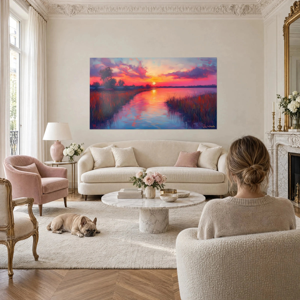 Wall art glowing marsh under a pink and orange sky, low sun over the water, purple reeds, hung above a sofa in a bright living room