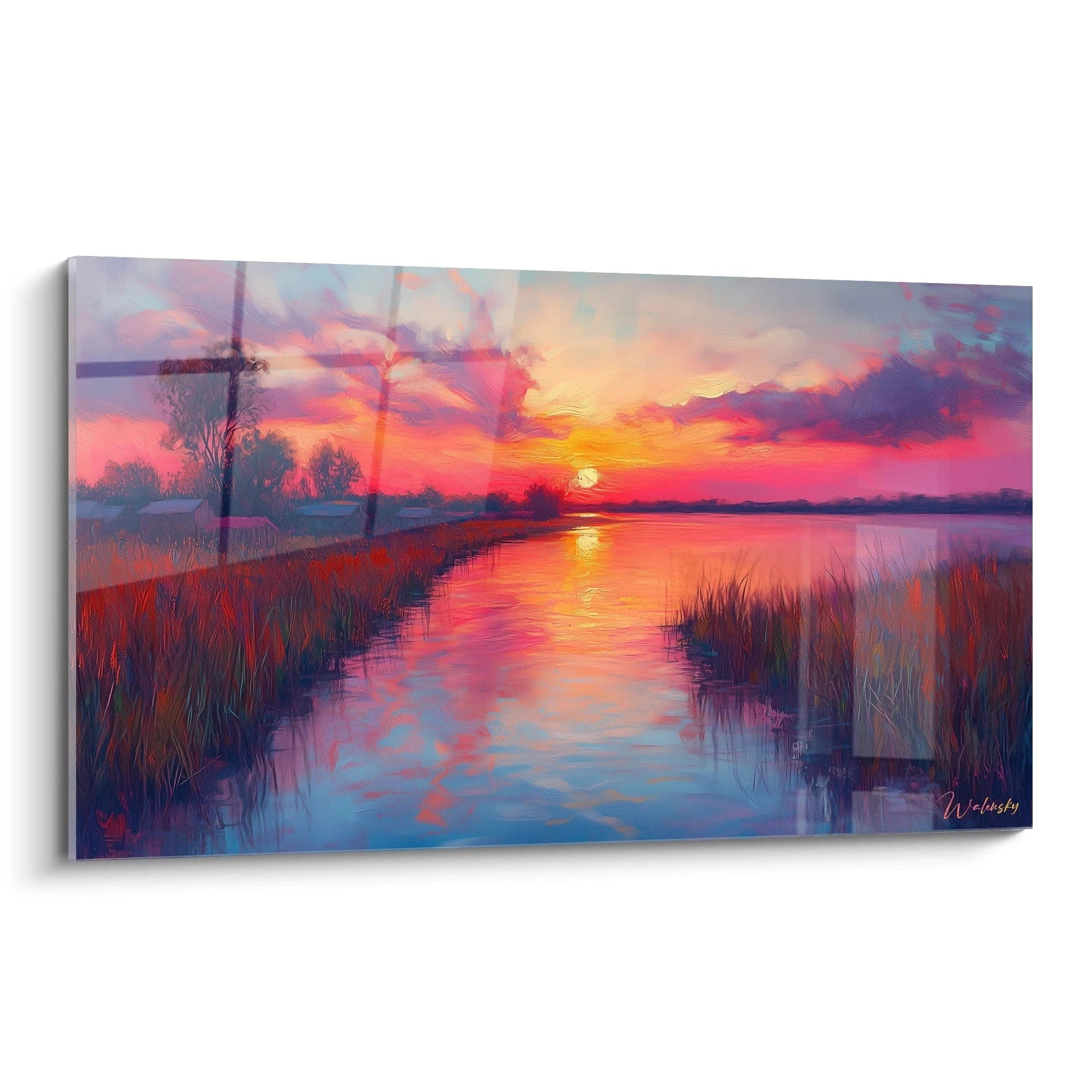 Tableau coucher de soleil représentant un paysage lacustre avec ciel rouge violet intense, herbes hautes en premier plan et reflets orangés sur l'eau. Style expressionniste aux coups de pinceau visibles.

