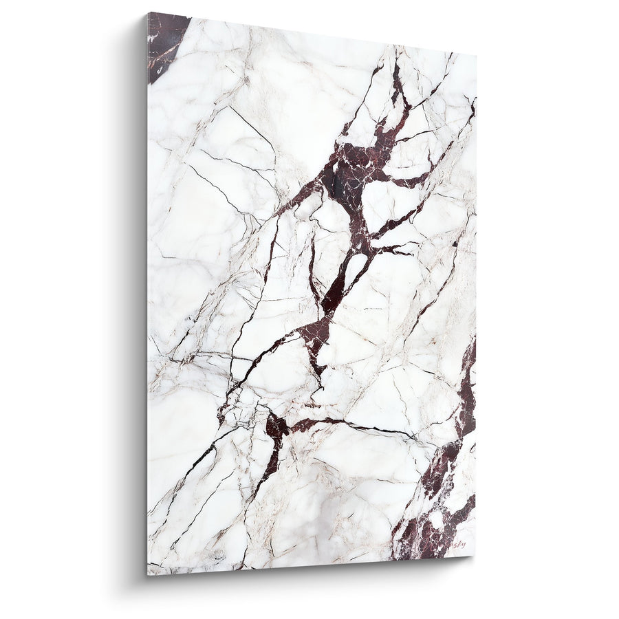 Tableau veines marbrées blanches et bordeaux avec fractures dramatiques - Élégance minérale - Edition Marbre abstrait