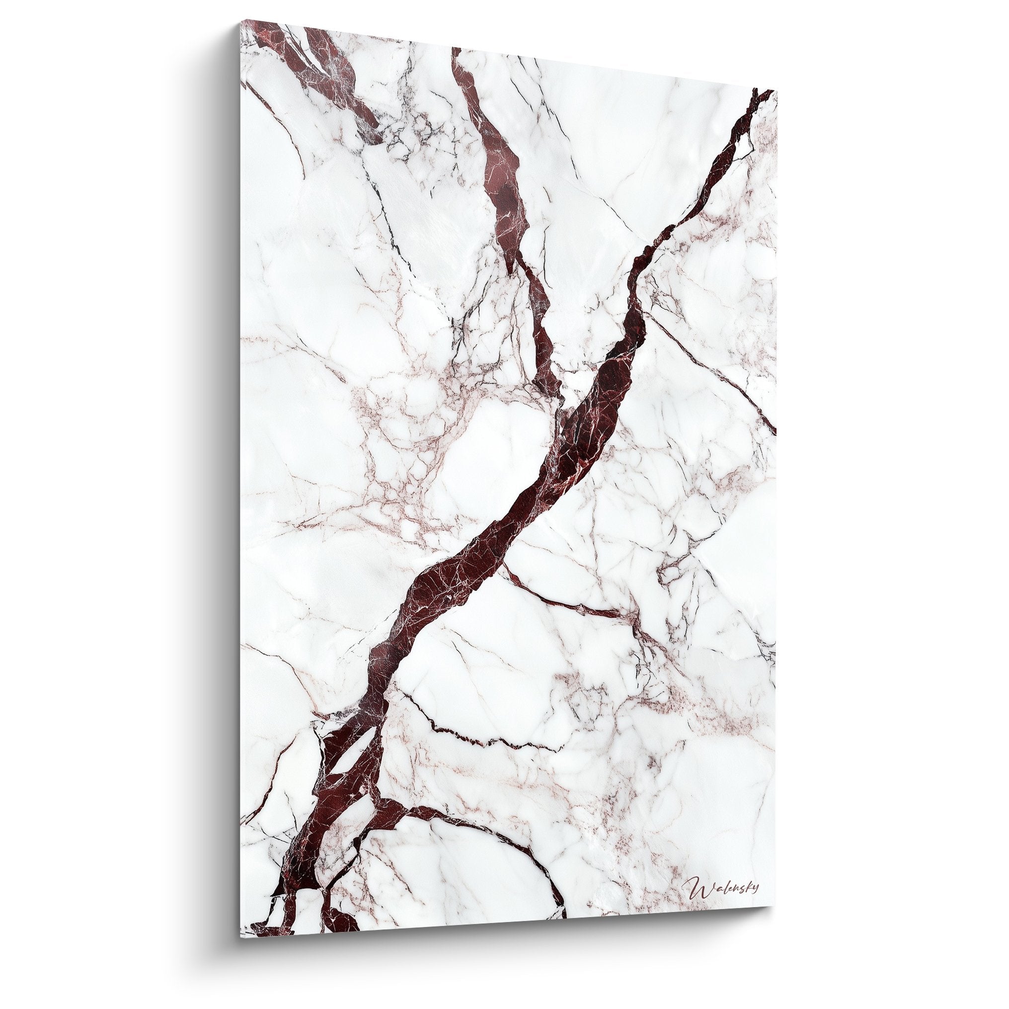 Tableau marbre abstrait blanc avec veines bordeaux et fractures noires, texture minerale elegante