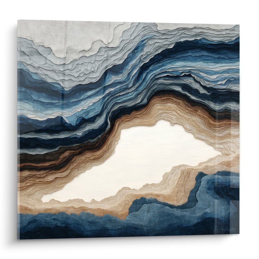Tableau Marbre Abstrait Bleu et Blanc aux Veinures Fluides - Ondulations Marines - Edition Marbre abstrait