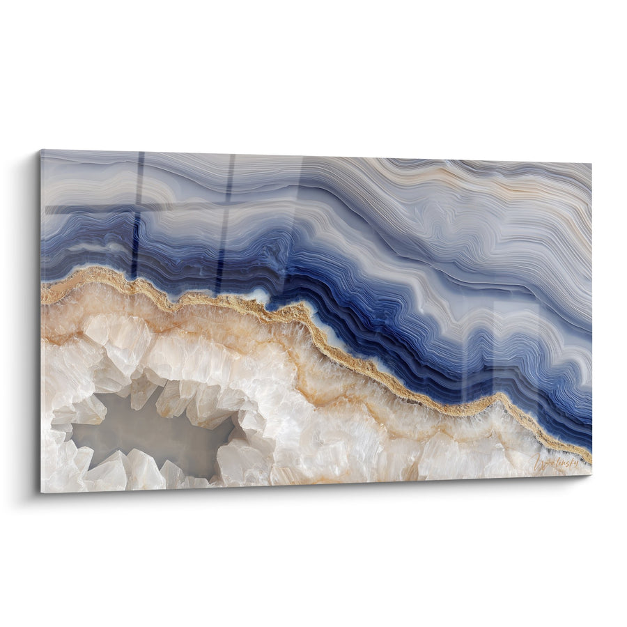 Wandgemälde blaue und goldene Nuancen mit weißen Kristallen - Mineralische Fusion - Edition Abstrakter Marmor