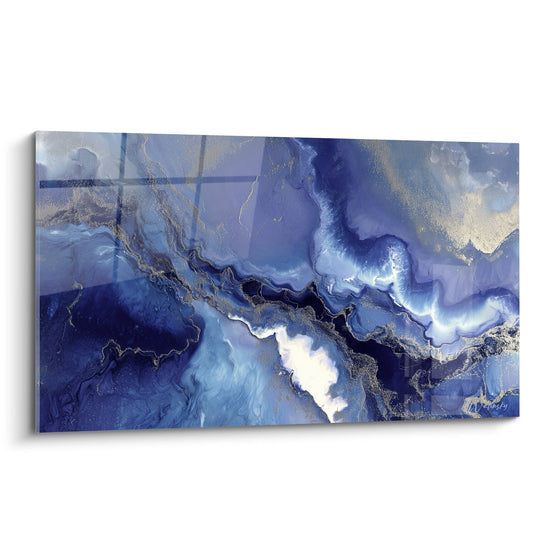 Tableau marbre abstrait aux nuances bleues et dorées avec veines fluides et effets de transparence