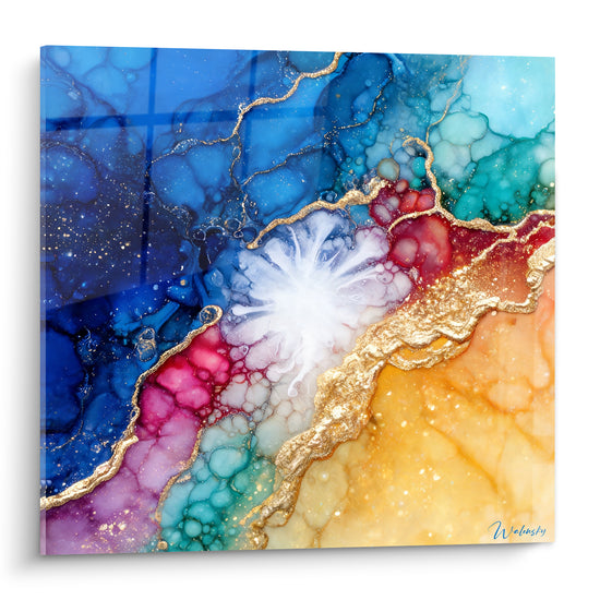 Tableau Explosion bleue dorée aux reflets marbrés - Fusion lumineuse - Edition Marbre Abstrait