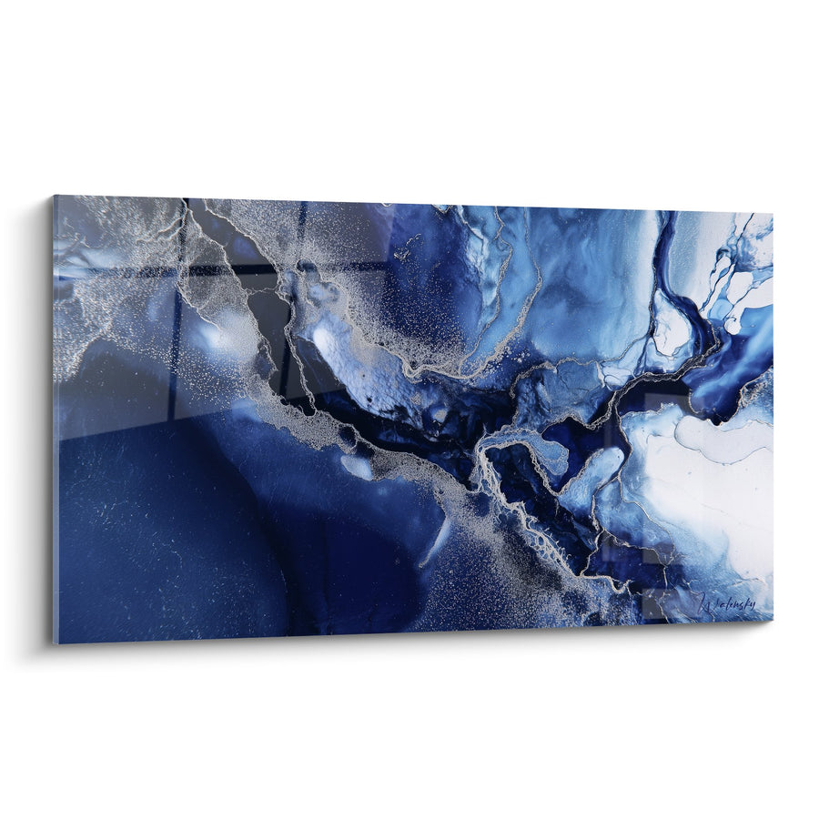 Gemälde Blauer Wirbel Ozean und Silber mit goldenen Adern - Marine-Tiefe - Abstrakte Marmor-Edition