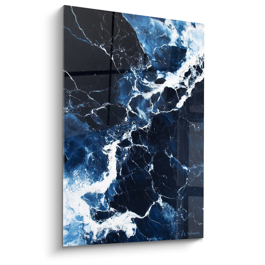 Tableau Vagues Bleues et Noires sur Fond Marbré - Tempête Océanique - Edition Marbre abstrait