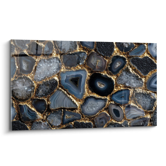 tableau marbre abstrait bleu et or veines dorees motifs mineraux composition geometrique elegant