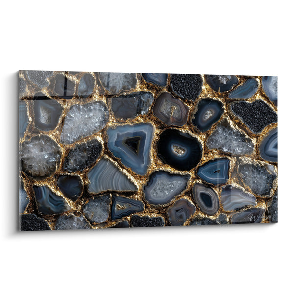 Blauw en goud gemarmerd houtnerftableau met gouden inlegwerk - Minerale elegantie - Abstract marmer editie