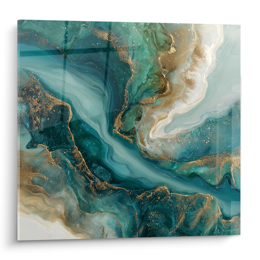 Tableau tourbillons bleu-vert et dorés fluides - Élégance Océanique - Edition Marbre abstrait