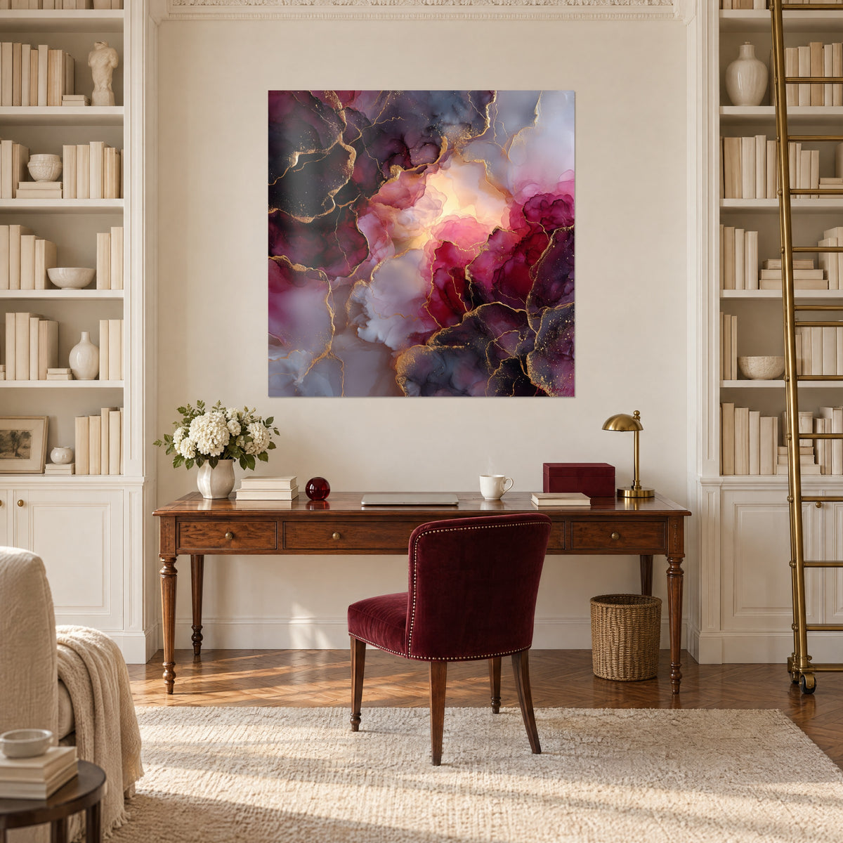 Schilderij inktbloemblaadjes in karmijn en diep violet, glanzende gouden randen, midden in een witte kantoorboekenkast