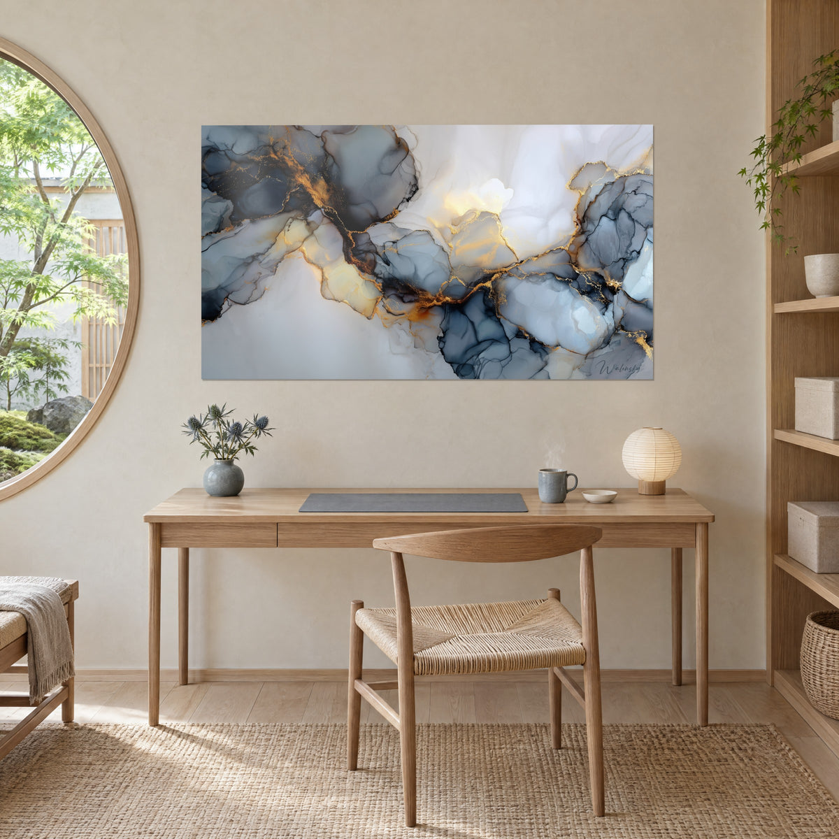 Quadro di venature dorate su nuvole blu acciaio e bianche, sopra una scrivania in rovere chiaro accanto a una finestra rotonda