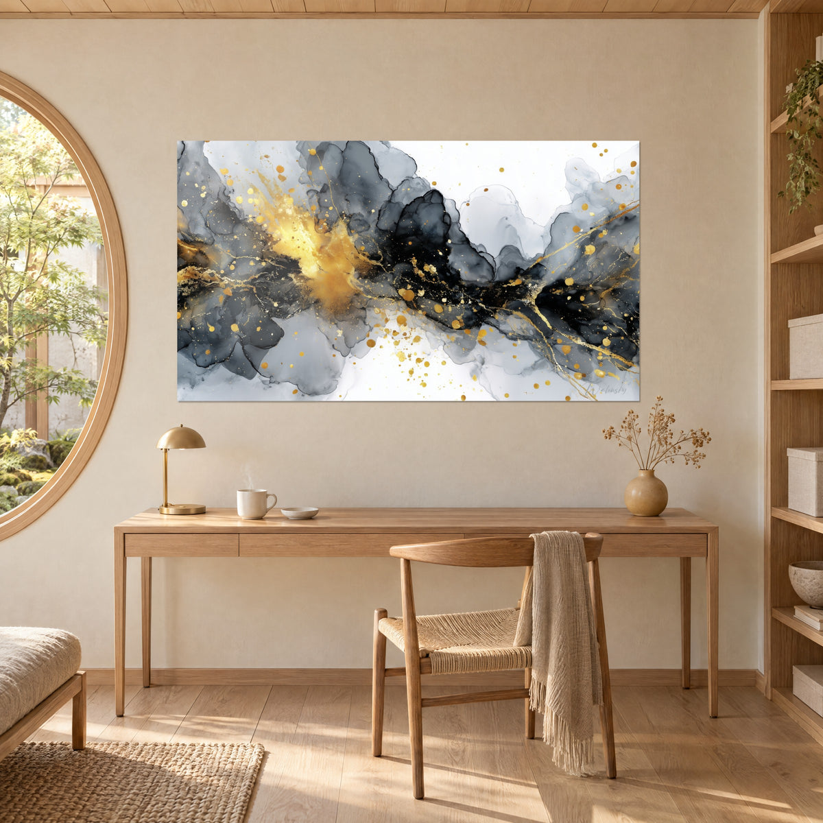Cuadro paisaje de tinta fluida en gris carbón y oro metálico, escritorio de roble, silla de madera, pared crema