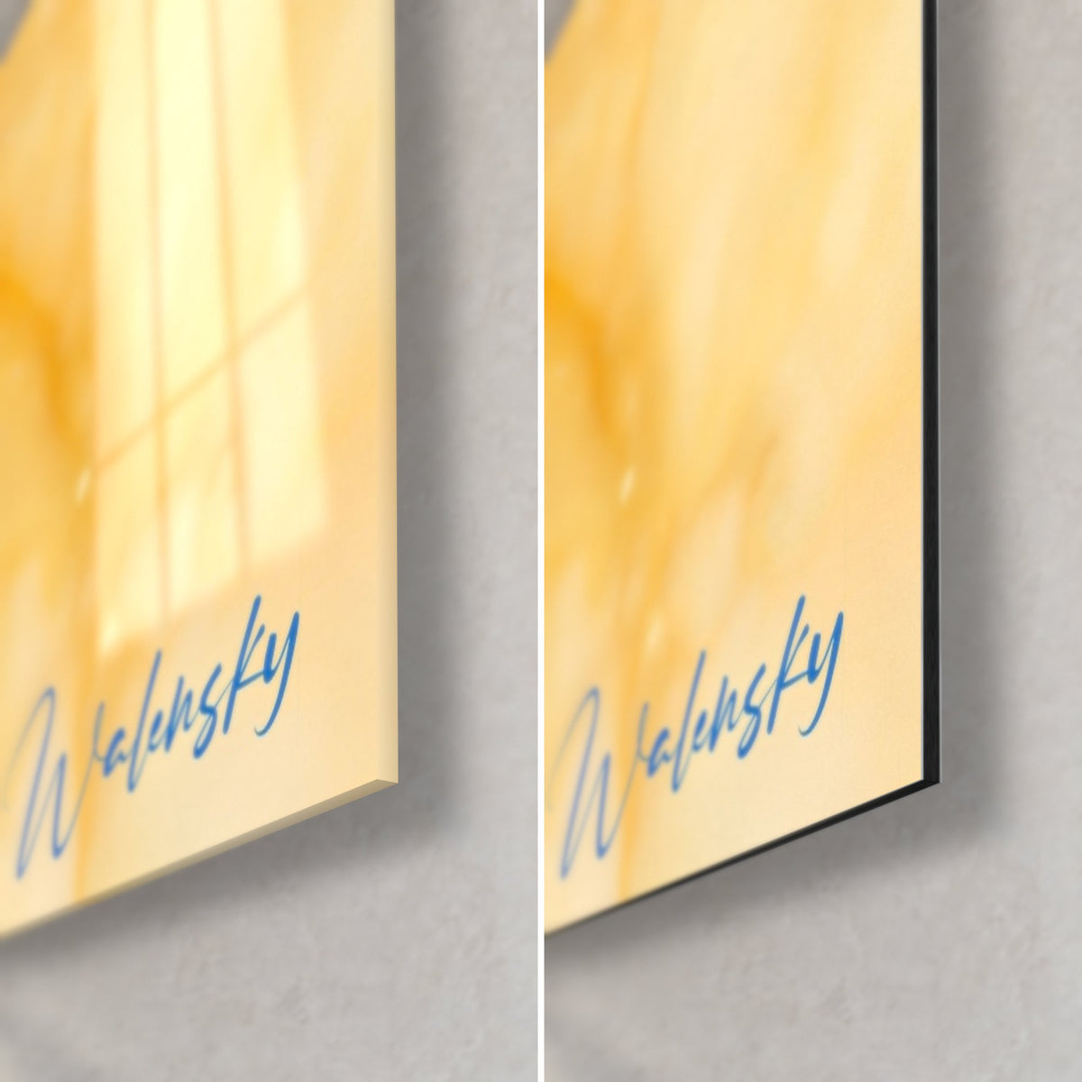 Tableau éclat marbré ocre doré, coin bas droit, verre acrylique brillant à gauche, Dibond mat à droite, signature Walensky bleue