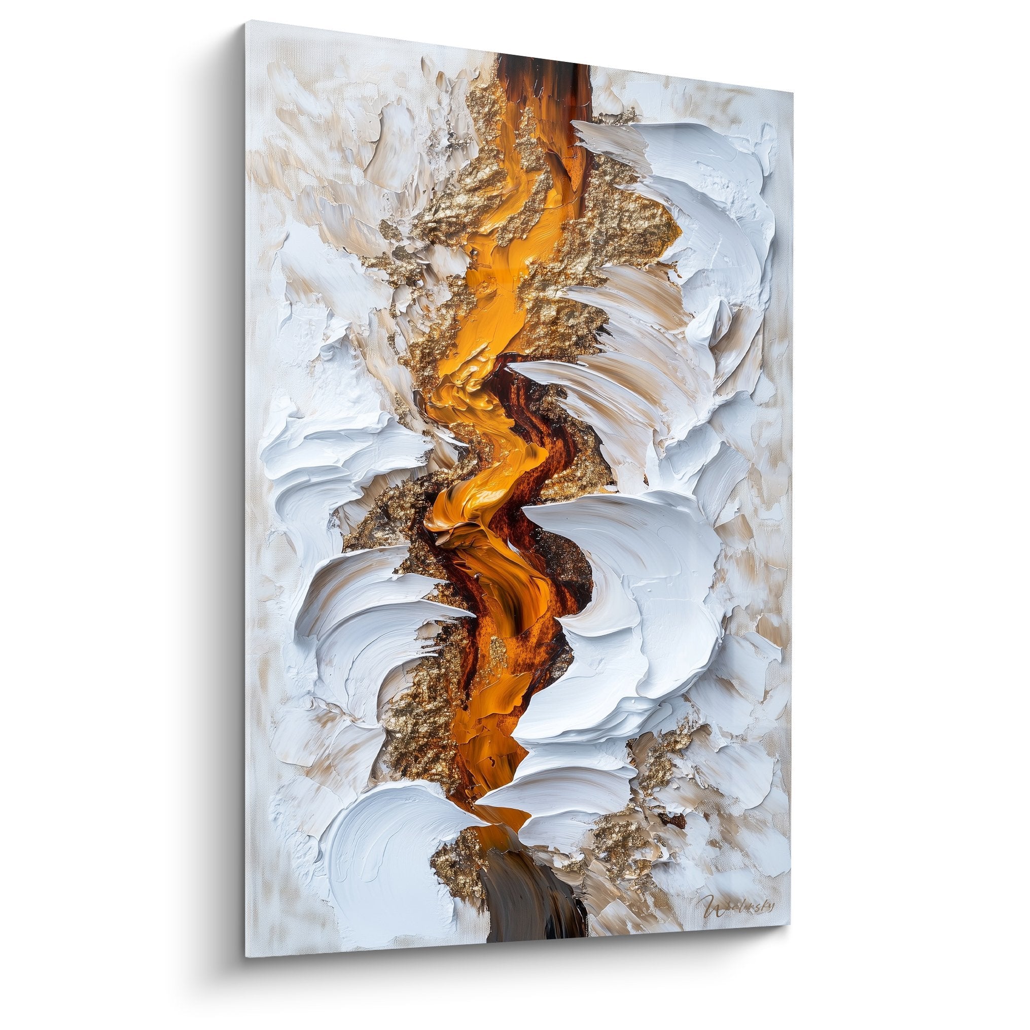 Tableau marbre abstrait coulée dorée verticale sur fond blanc nacré avec reliefs sculptés