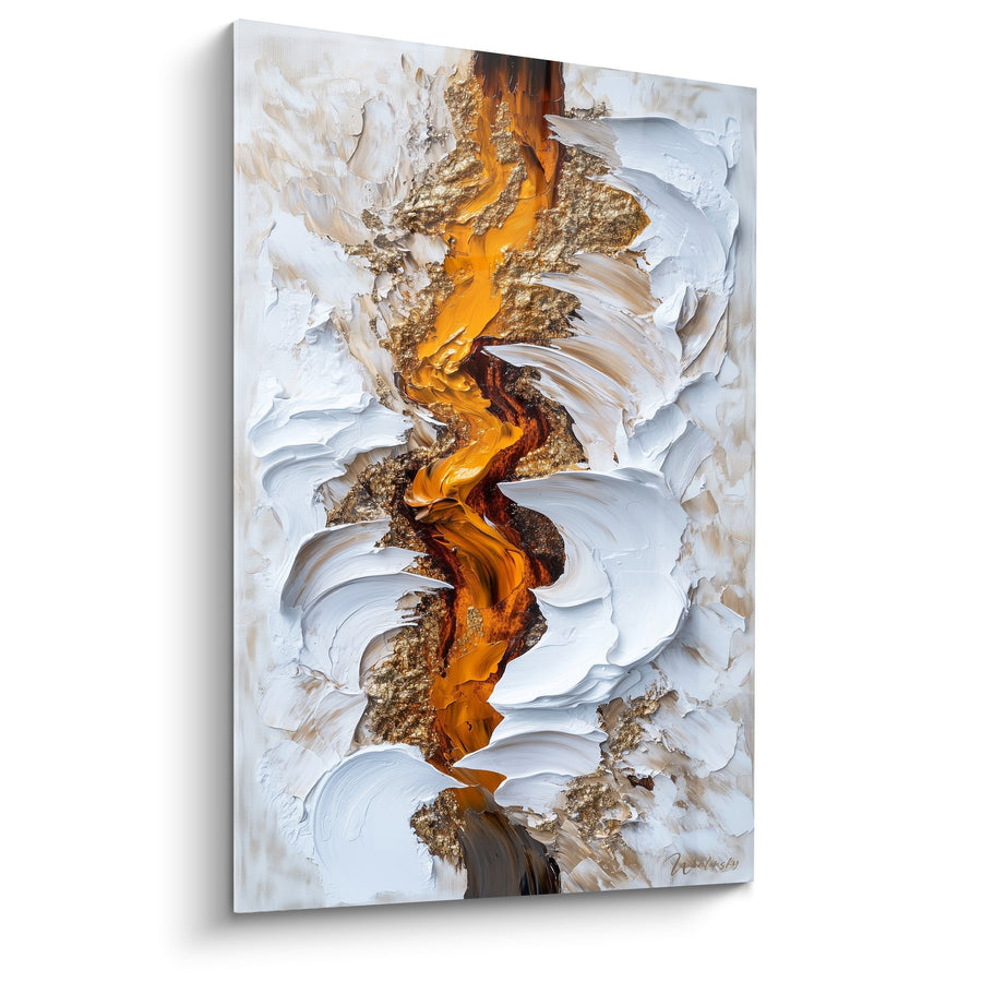 Tableau Coulée Dorée et Blanche sur Toile - Fusion Luxueuse - Edition Marbre abstrait